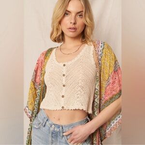 NWT Sleeveless Crochet Knitted Sleeveless Top with Button Detail in Tan, U-Neck